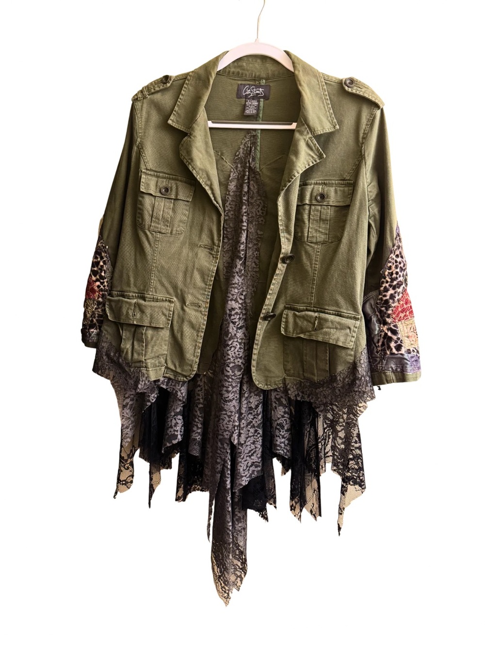 Hand Crafted Olive Green Patchwork Military Jacket with Lace Panels - Picture 2 of 10